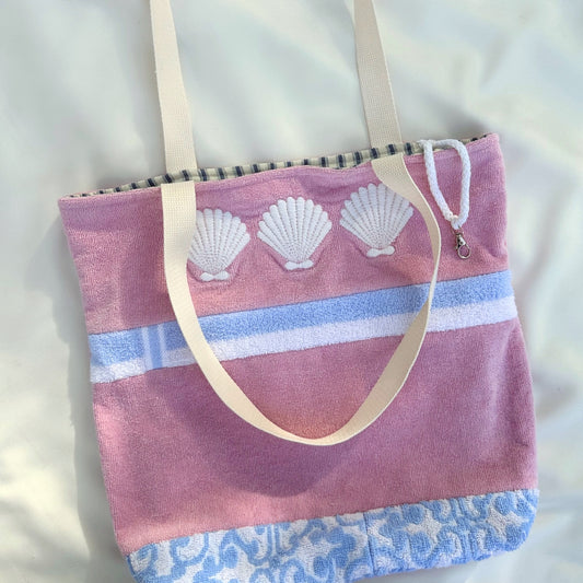 Embroidered Shell Patchwork Terry Cloth Beach Tote Bag