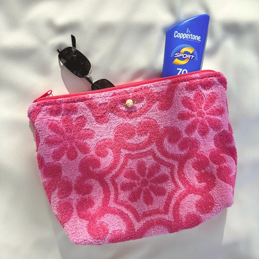 Hot Pink Floral Terry Cloth Beach Bag Organizer