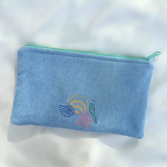 Light Blue Embroidered Shells Terry Cloth Zipper Pouch