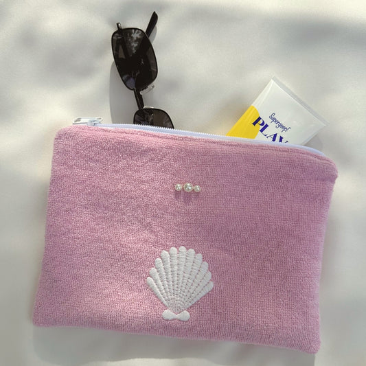 Light Pink Embroidered Shell and Pearl Beads Terry Cloth Zipper Pouch