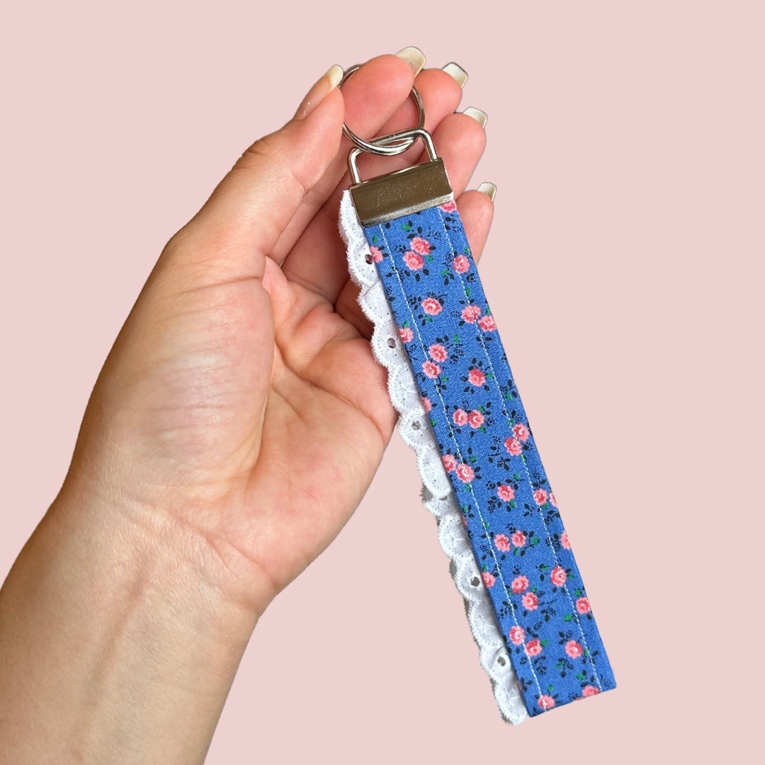 Blue Floral Lace Trim Wristlet Keychain