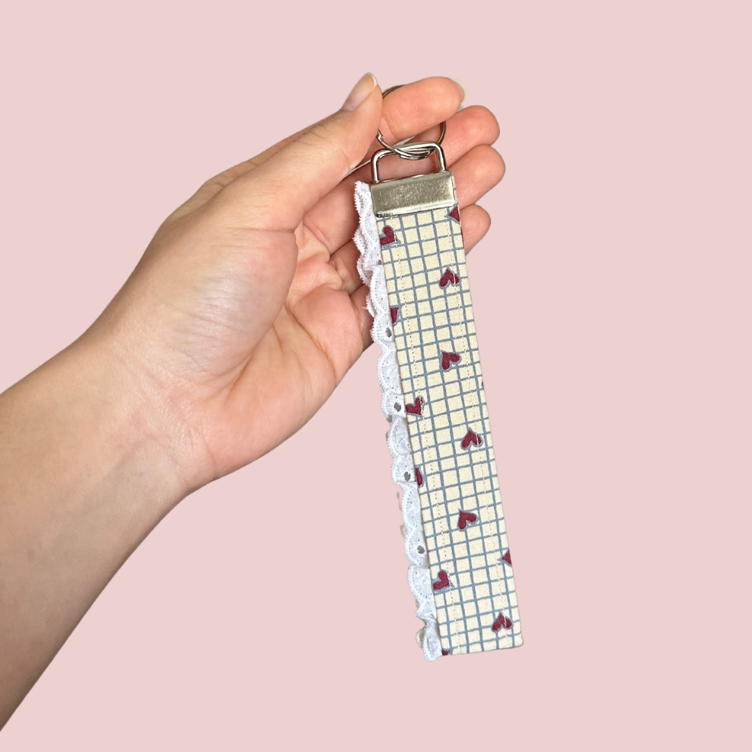 Heart Grid Lace Trim Wristlet Keychain