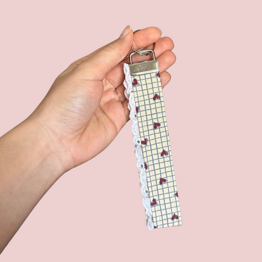 Heart Grid Lace Trim Wristlet Keychain