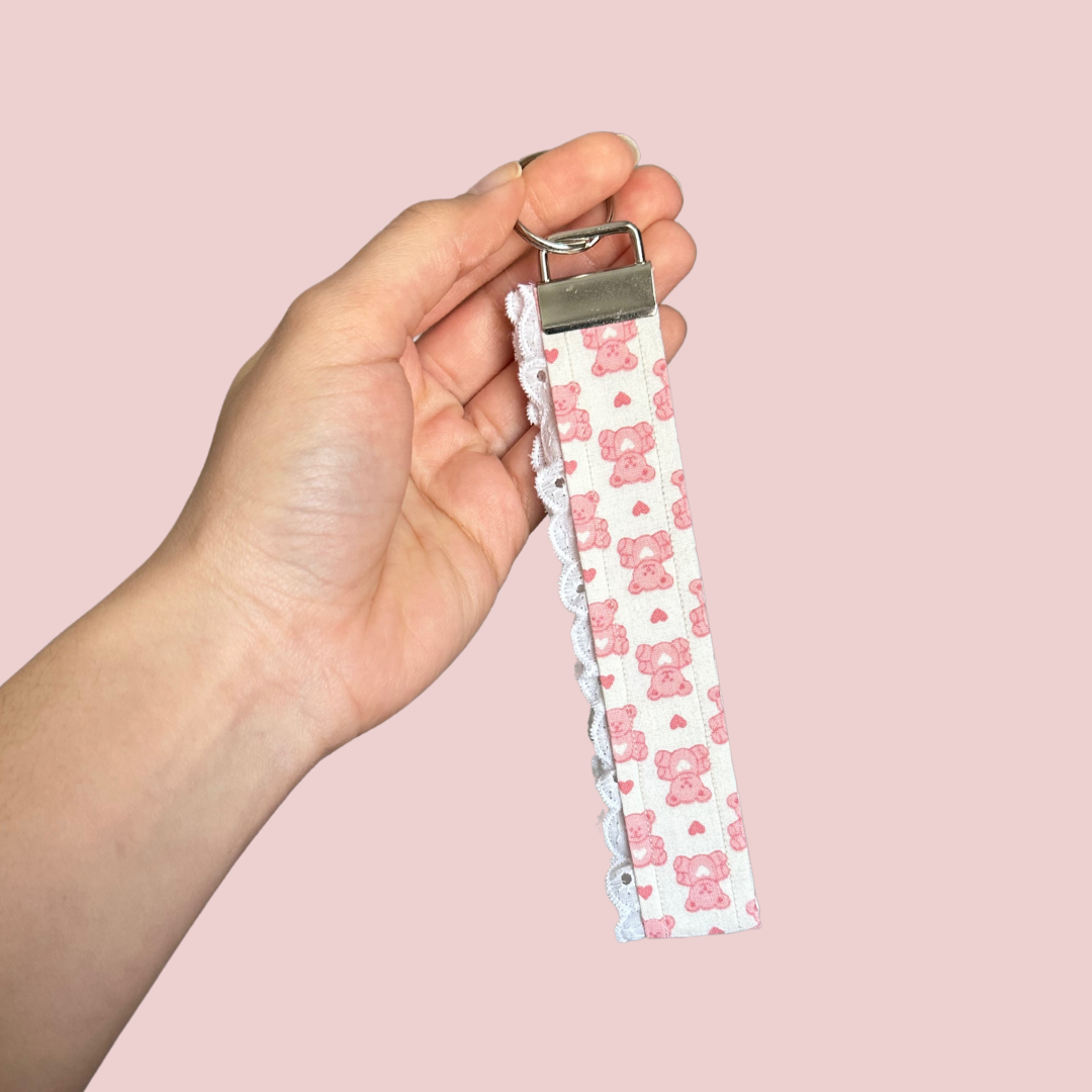 Pink Bears Lace Trim Wristlet Keychain