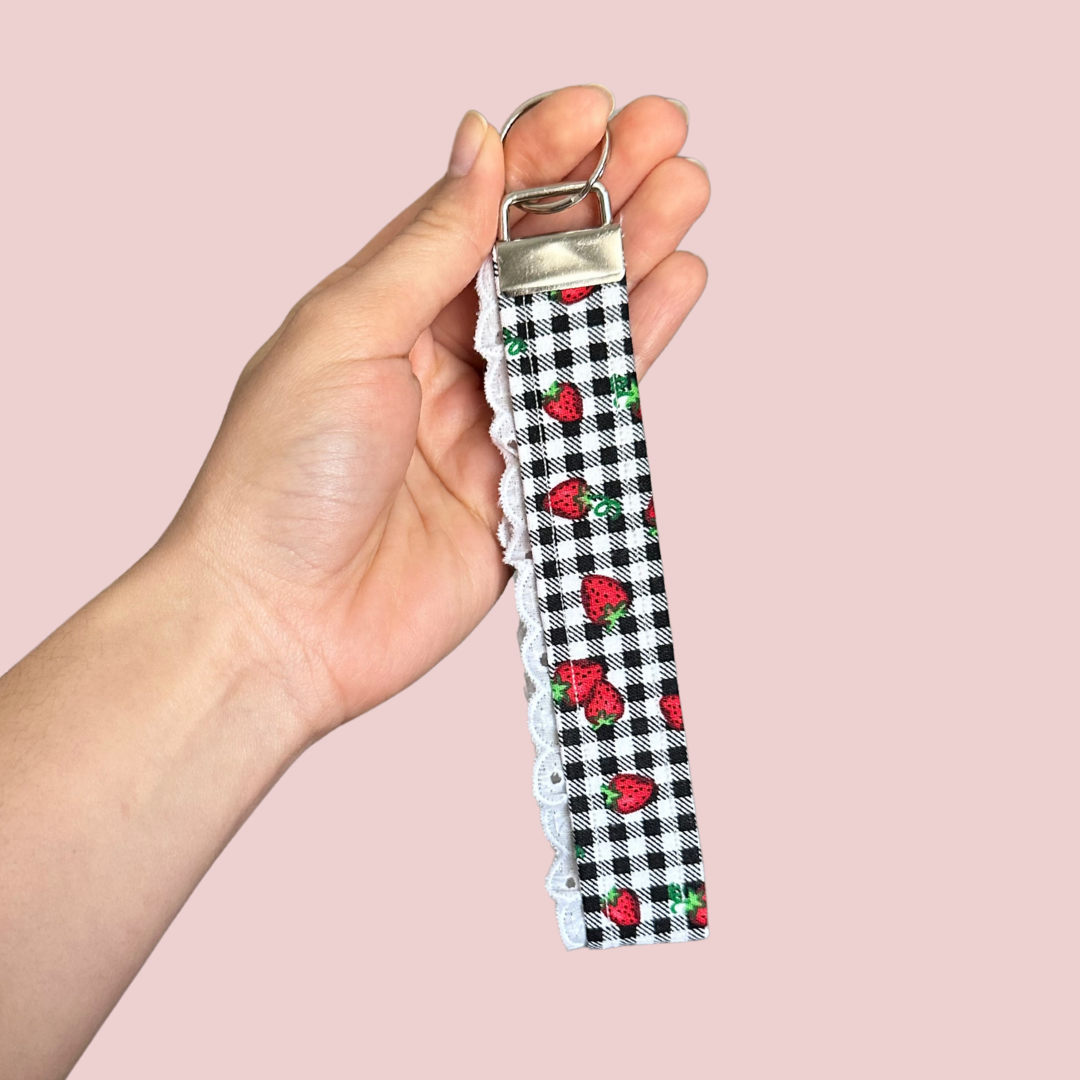 Strawberries on Gingham Lace Trim Wristlet Keychain