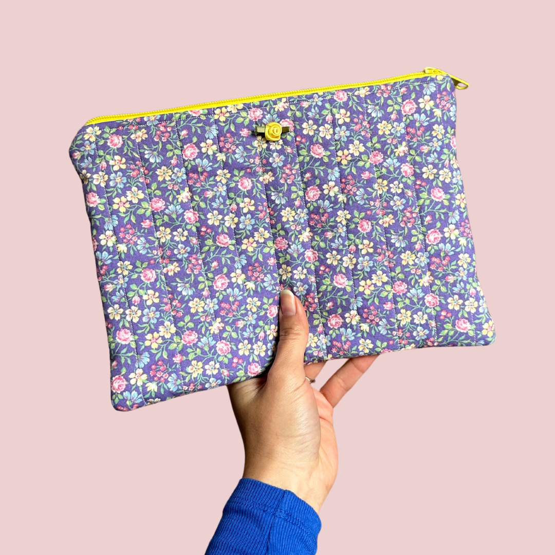 Purple & Yellow Floral Print Flat Zipper Pouch