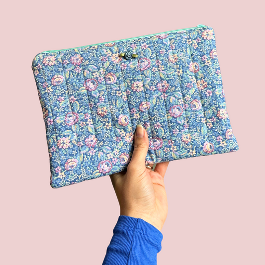 Blue & Green Floral Print Flat Zipper Pouch