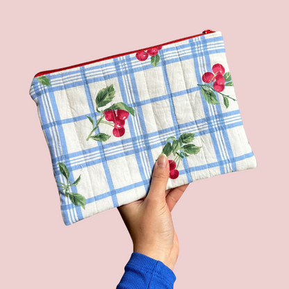 Cherries on blue Plaid Flat Zipper Pouch