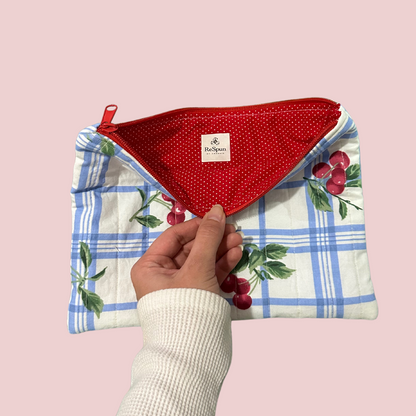 Cherries on blue Plaid Flat Zipper Pouch