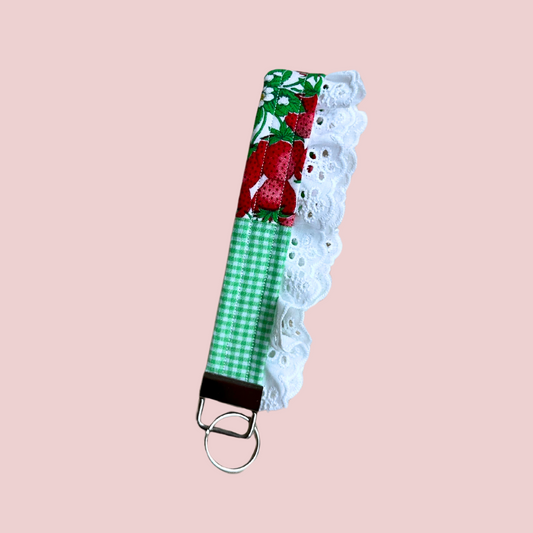 Green Gingham Strawberry Lace Wristlet Keychain