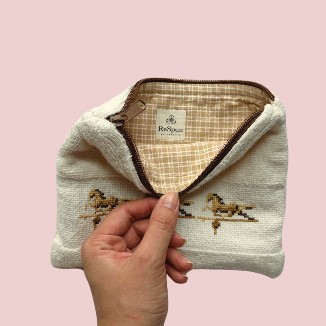 Cross Stitch Horses Terry Cloth Zipper Pouch