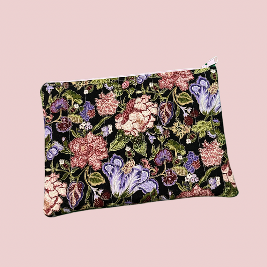 Black Large Floral Print Flat Zipper Pouch