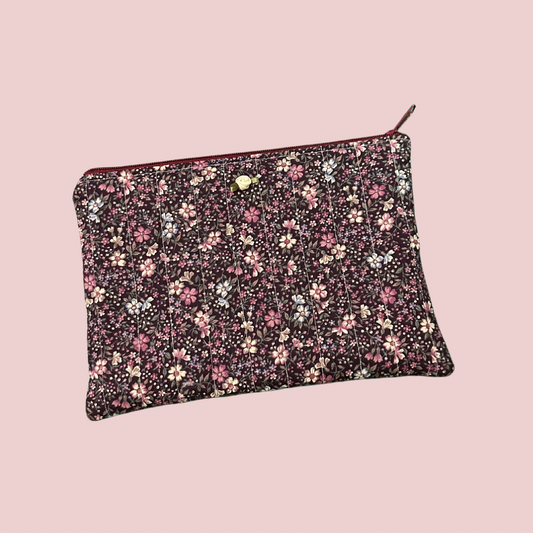 Brown and Pink Floral Print Flat Zipper Pouch