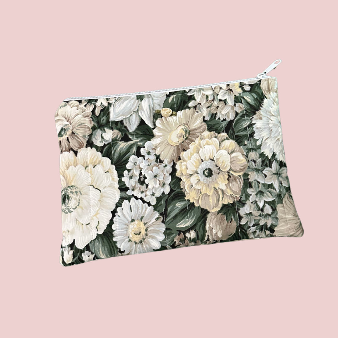 Green Large Floral Print Flat Zipper Pouch