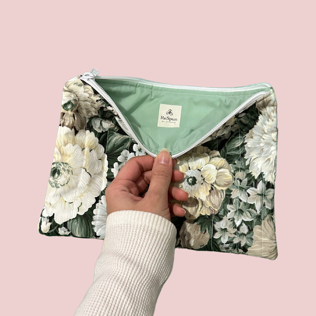 Green Large Floral Print Flat Zipper Pouch