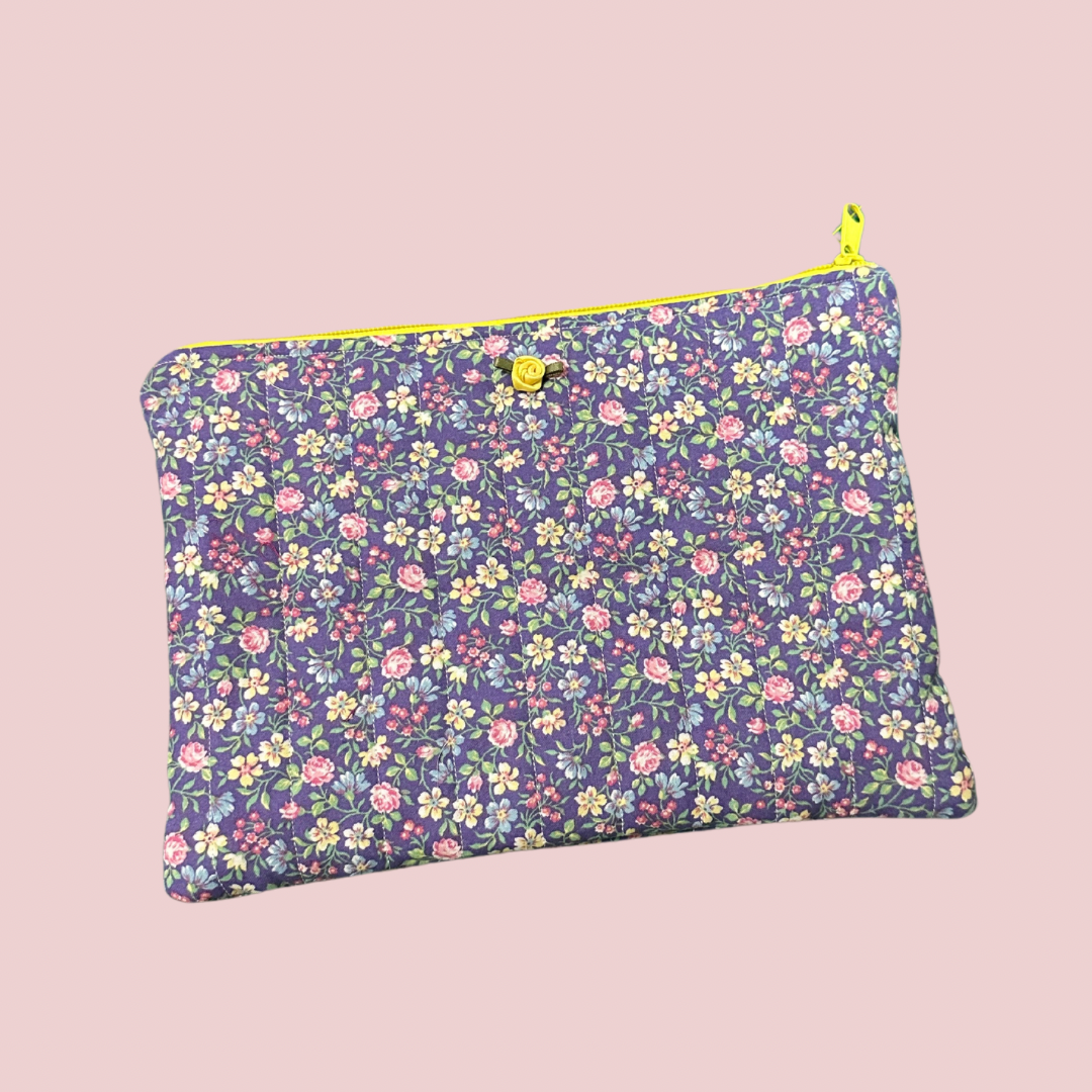 Purple & Yellow Floral Print Flat Zipper Pouch