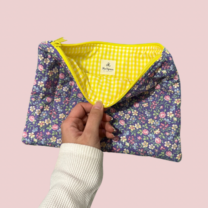 Purple & Yellow Floral Print Flat Zipper Pouch