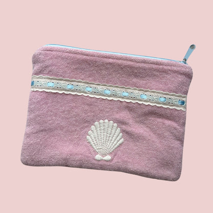 Light Pink Embroidered Shell and Lace Trim Terry Cloth Zipper Pouch