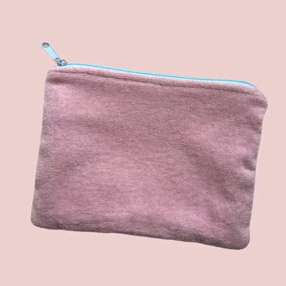 Light Pink Embroidered Shell and Lace Trim Terry Cloth Zipper Pouch