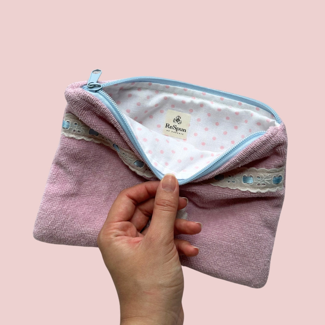 Light Pink Embroidered Shell and Lace Trim Terry Cloth Zipper Pouch