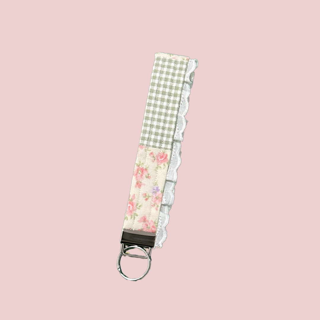 Sweet Floral and Green Gingham Lace Wristlet Keychain