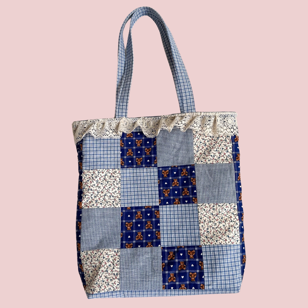 Blue Teddy Bear Patchwork Tote Bag