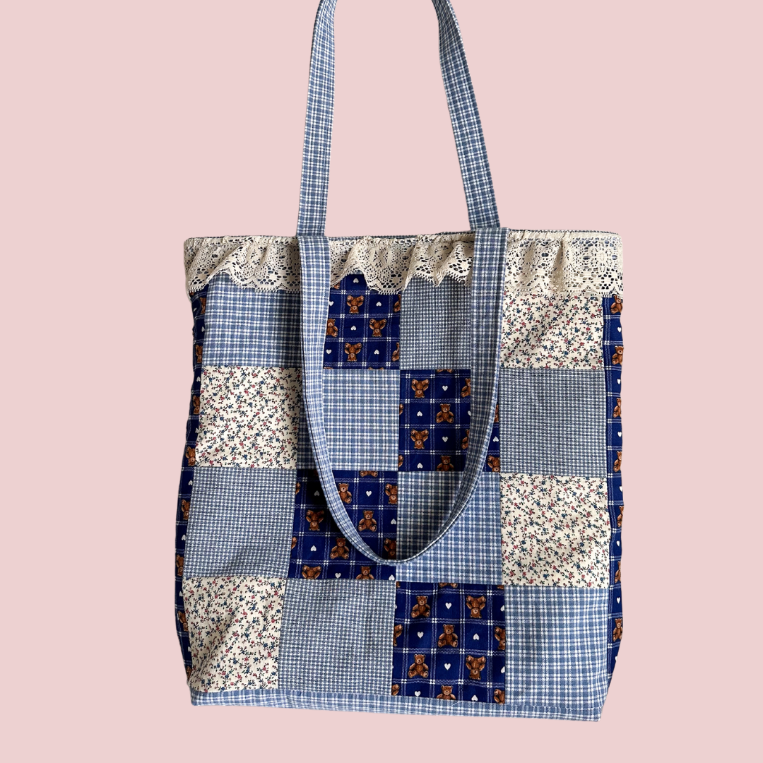 Blue Teddy Bear Patchwork Tote Bag