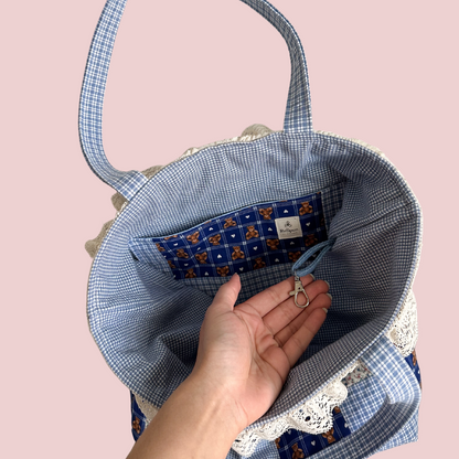 Blue Teddy Bear Patchwork Tote Bag