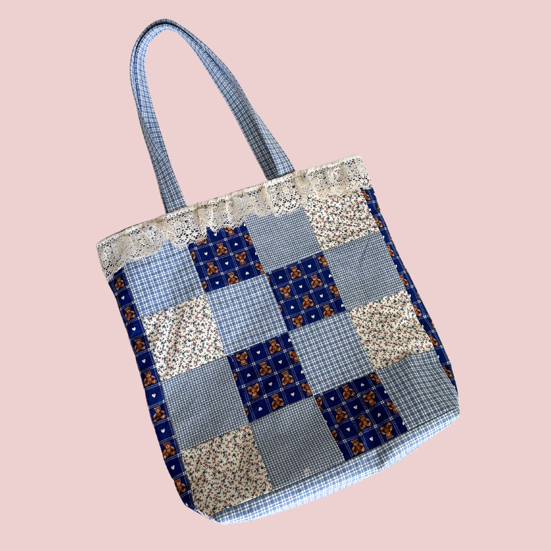 Blue Teddy Bear Patchwork Tote Bag