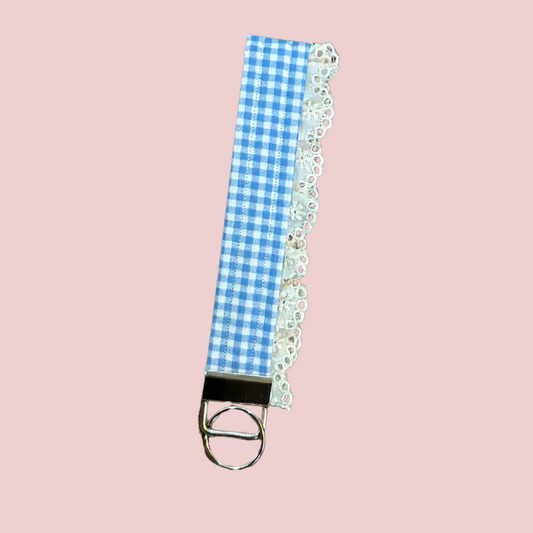 Blue Gingham Lace Wristlet Keychain