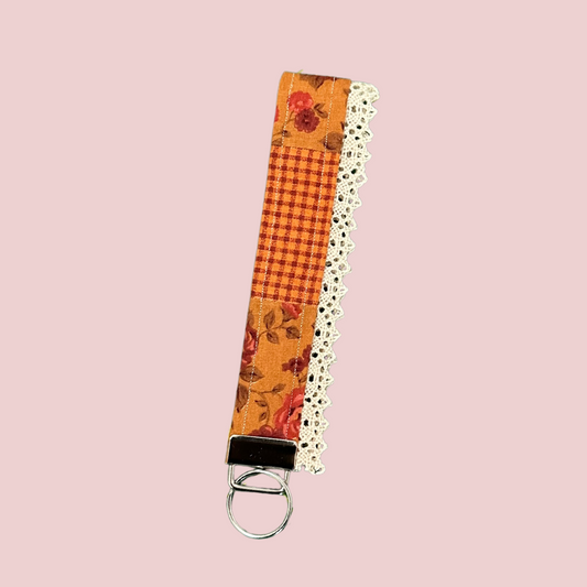 Orange Floral & Gingham Lace Wristlet Keychain