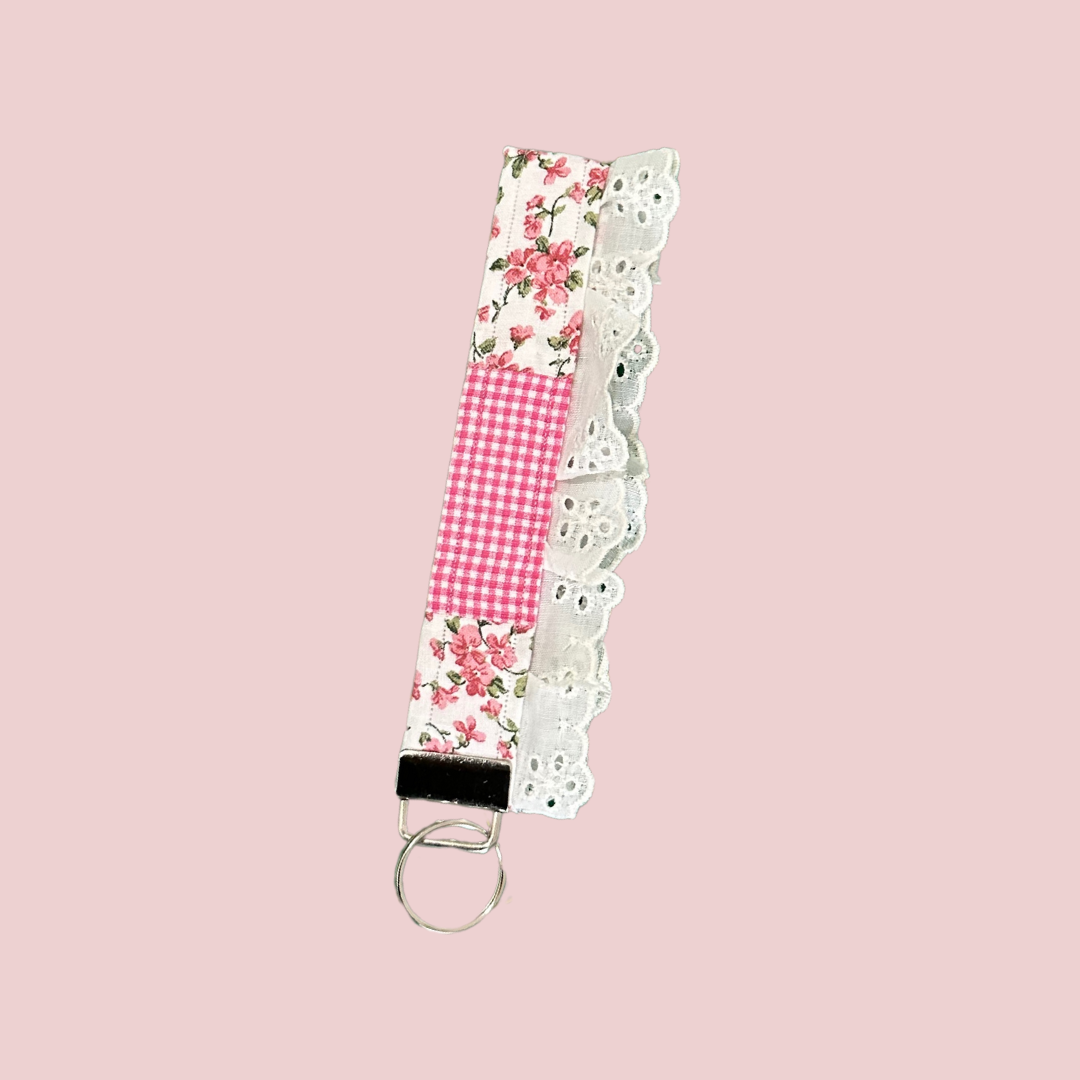 Pink Floral & Gingham Lace Wristlet Keychain