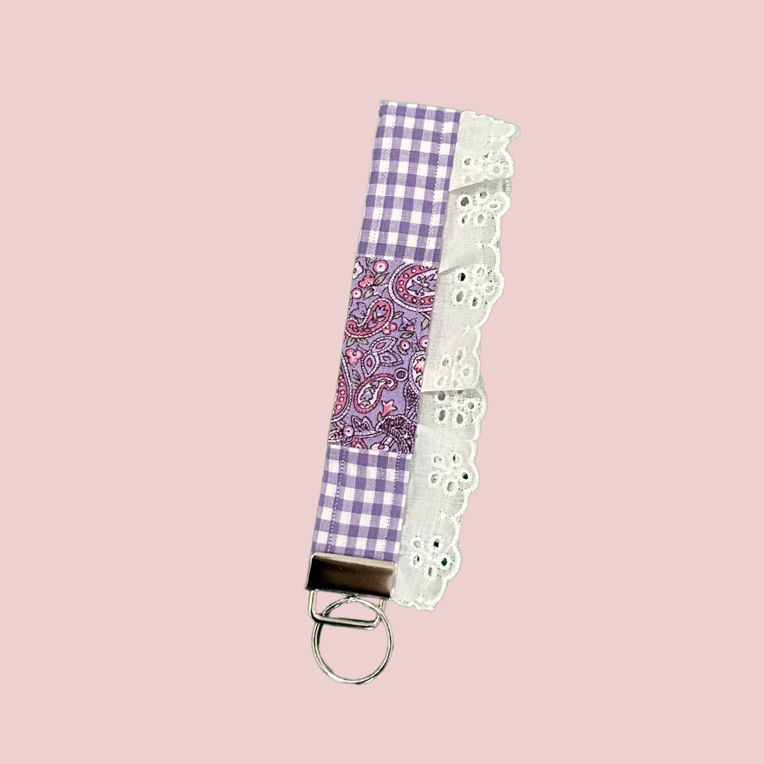 Purple Paisley & Gingham Lace Wristlet Keychain