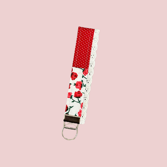 Red Roses & Polka Dot Lace Wristlet Keychain