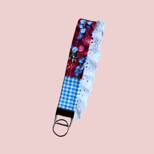 Blue Gingham Berries Wristlet Keychain