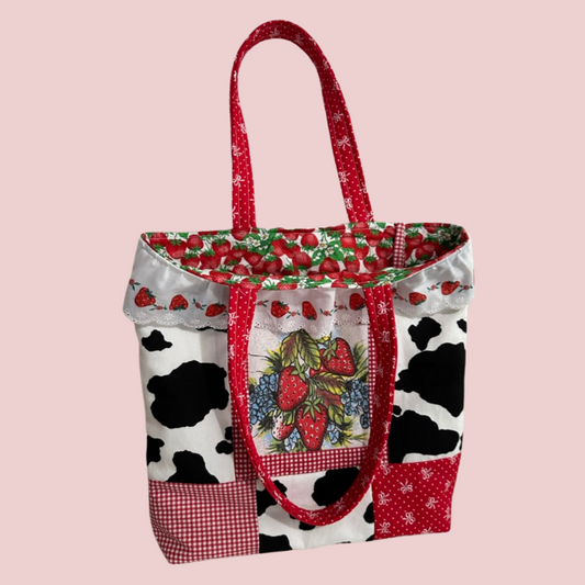 Vintage Strawberries & Cream Patchwork Tote Bag