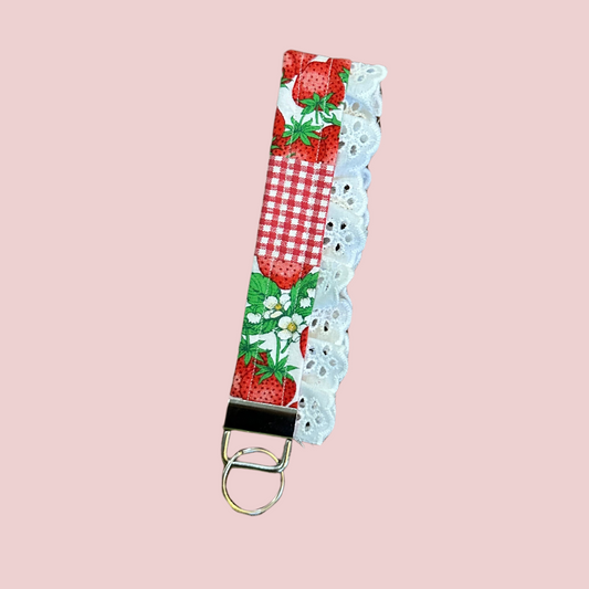 Red Gingham Strawberry Lace Wristlet Keychain