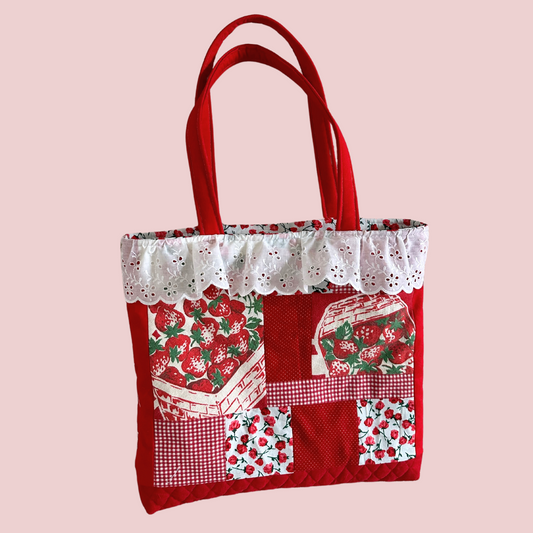 Vintage Strawberry Pickin' Patchwork Tote Bag